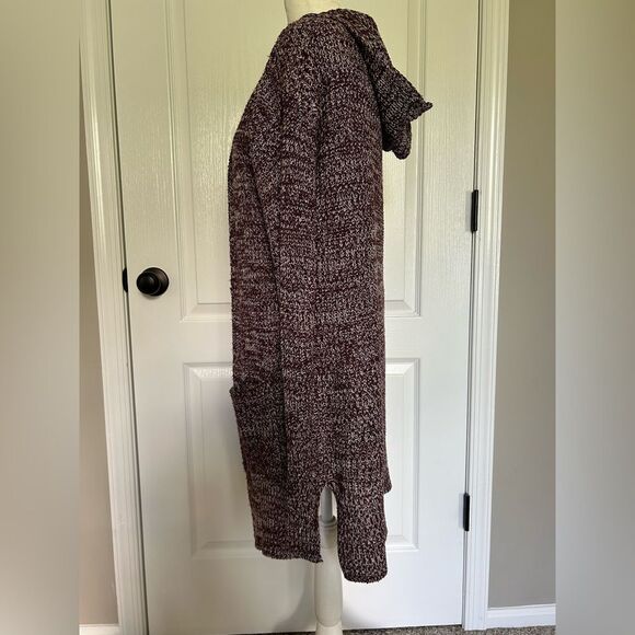 Poof! New York Women’s Maroon Knit Open Front Hooded Sweater Cardigan Size Large - Picture 2 of 9